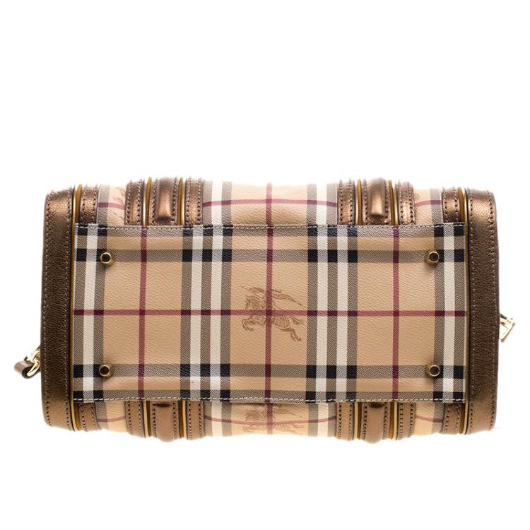 Pre Owned Burberry Bronze Haymarket Canvas and Leather Medium Alchester Bowling Bag