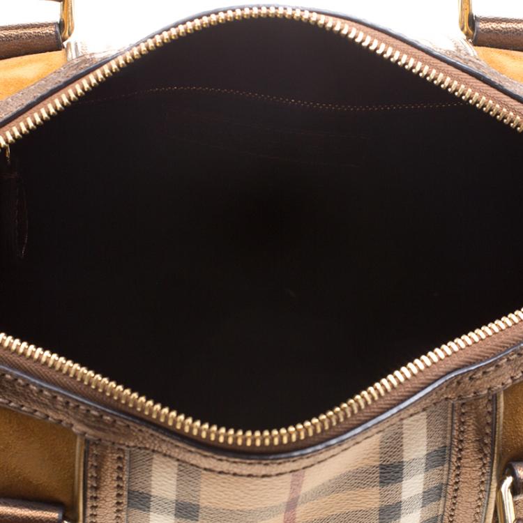 Pre Owned Burberry Bronze Haymarket Canvas and Leather Medium Alchester Bowling Bag