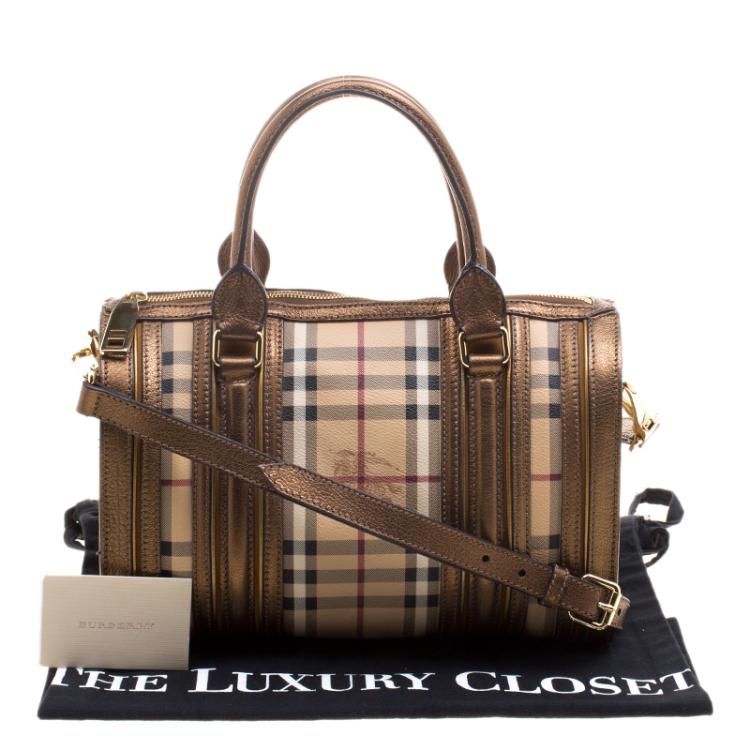 Pre Owned Burberry Bronze Haymarket Canvas and Leather Medium Alchester Bowling Bag