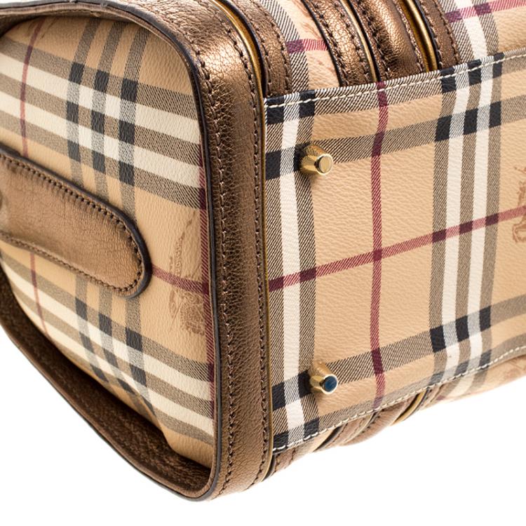 Pre Owned Burberry Bronze Haymarket Canvas and Leather Medium Alchester Bowling Bag