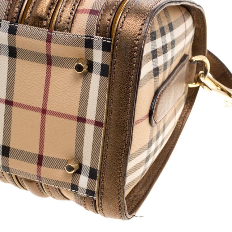 Pre Owned Burberry Bronze Haymarket Canvas and Leather Medium Alchester Bowling Bag