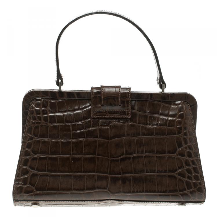 Pre Owned Burberry Brown Embossed Leather Frame Bag