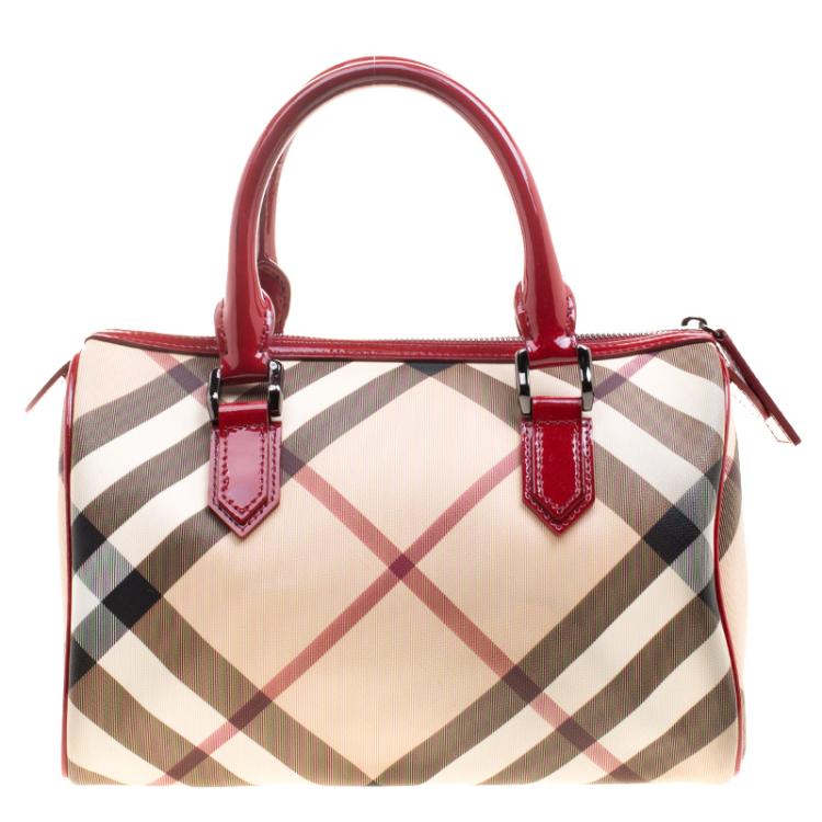 Pre Owned Burberry Red Nova Check PVC Chester Boston Bag