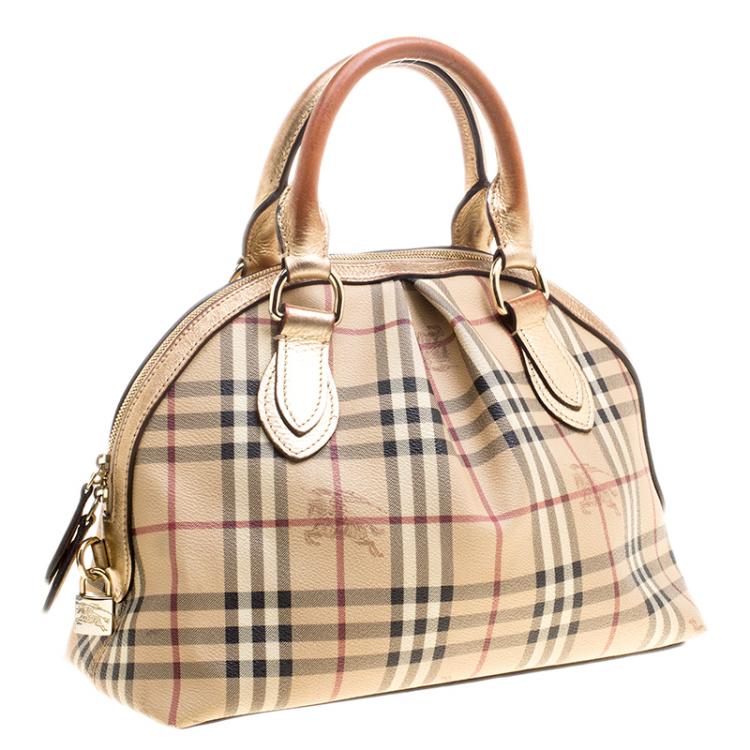 Pre Owned Burberry Gold Haymarket Check PVC and Leather Thornley Bowling Bag