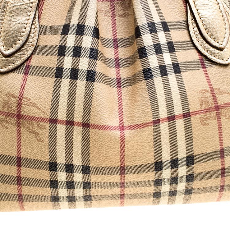Pre Owned Burberry Gold Haymarket Check PVC and Leather Thornley Bowling Bag