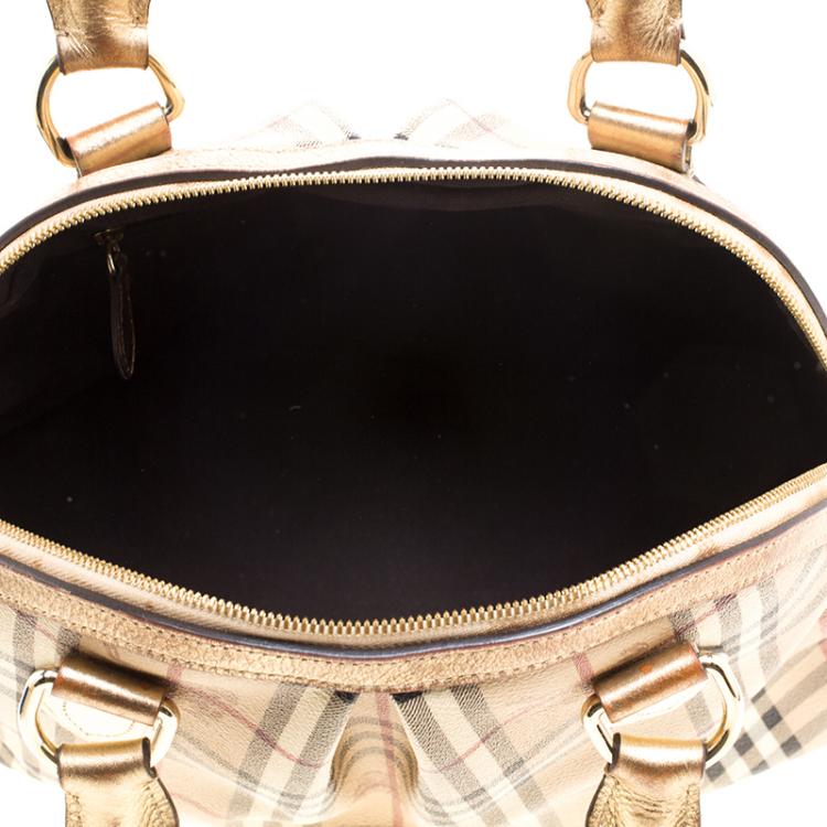 Pre Owned Burberry Gold Haymarket Check PVC and Leather Thornley Bowling Bag