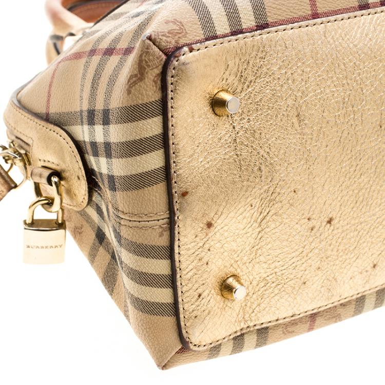 Pre Owned Burberry Gold Haymarket Check PVC and Leather Thornley Bowling Bag