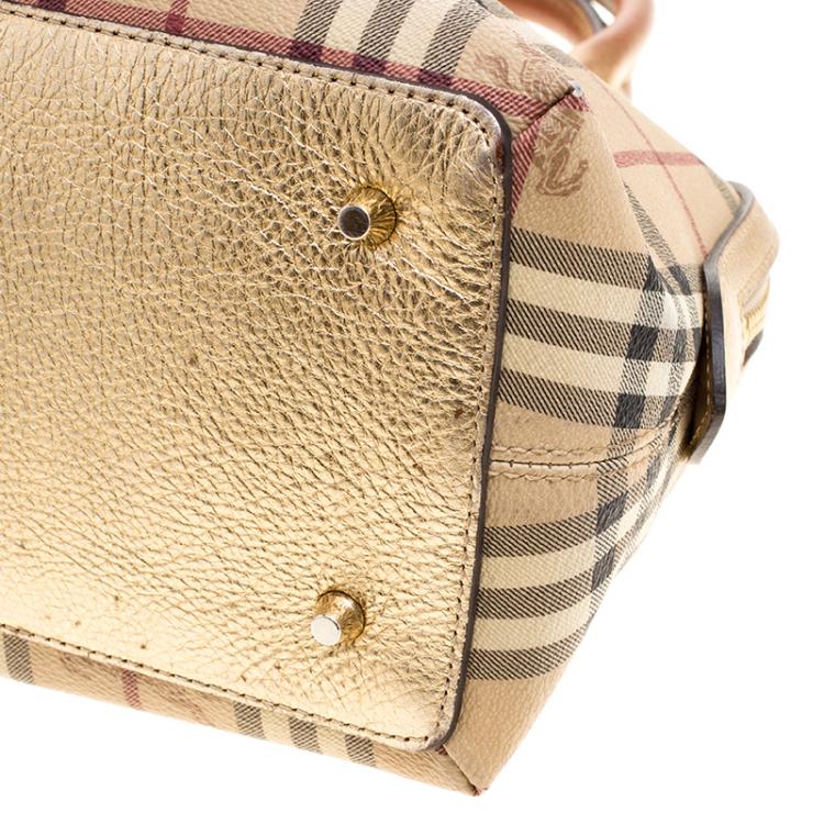 Pre Owned Burberry Gold Haymarket Check PVC and Leather Thornley Bowling Bag