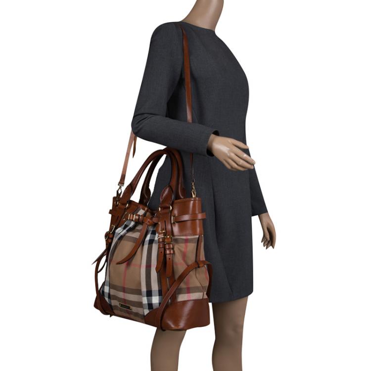 Burberry Brown House Check Fabric Bridle Whipstitch Tote Burberry