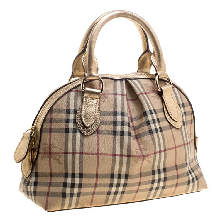 Pre Owned Burberry Gold Haymarket Check PVC and Leather Thornley Bowling Bag