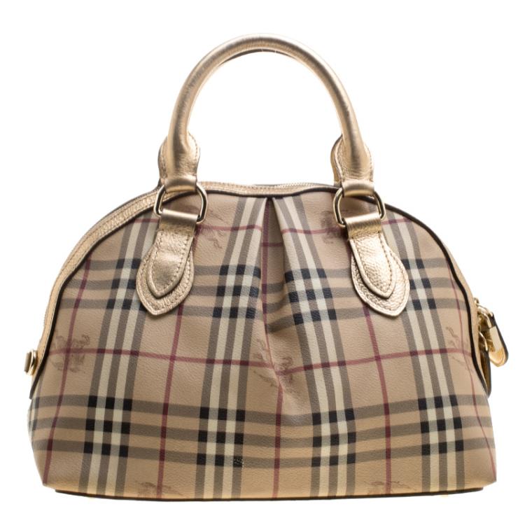 Pre Owned Burberry Gold Haymarket Check PVC and Leather Thornley Bowling Bag
