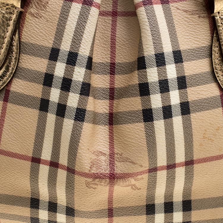 Pre Owned Burberry Gold Haymarket Check PVC and Leather Thornley Bowling Bag