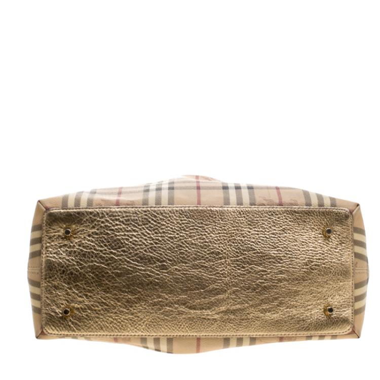 Pre Owned Burberry Gold Haymarket Check PVC and Leather Thornley Bowling Bag