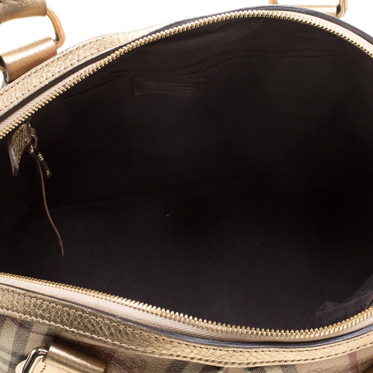 Pre Owned Burberry Gold Haymarket Check PVC and Leather Thornley Bowling Bag