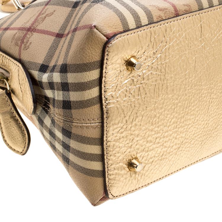 Pre Owned Burberry Gold Haymarket Check PVC and Leather Thornley Bowling Bag