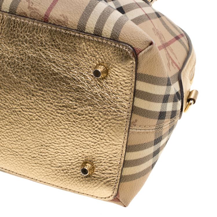 Pre Owned Burberry Gold Haymarket Check PVC and Leather Thornley Bowling Bag