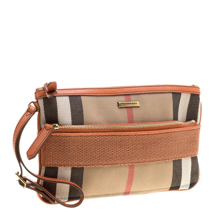 Pre Owned Burberry Beige/Orange House Check Canvas Wristlet Clutch