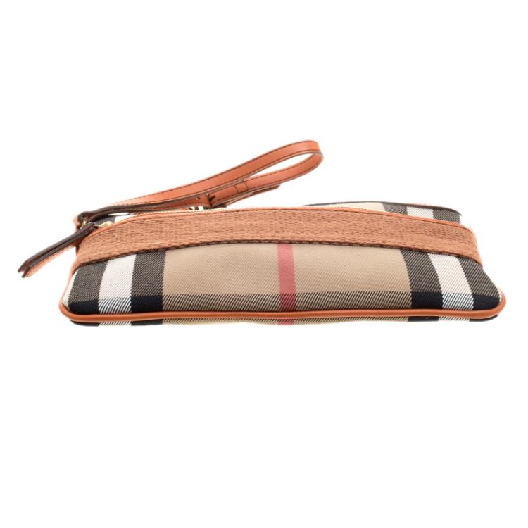 Pre Owned Burberry Beige/Orange House Check Canvas Wristlet Clutch