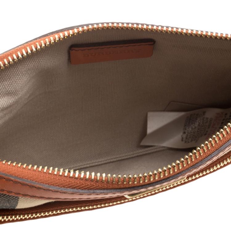 Pre Owned Burberry Beige/Orange House Check Canvas Wristlet Clutch