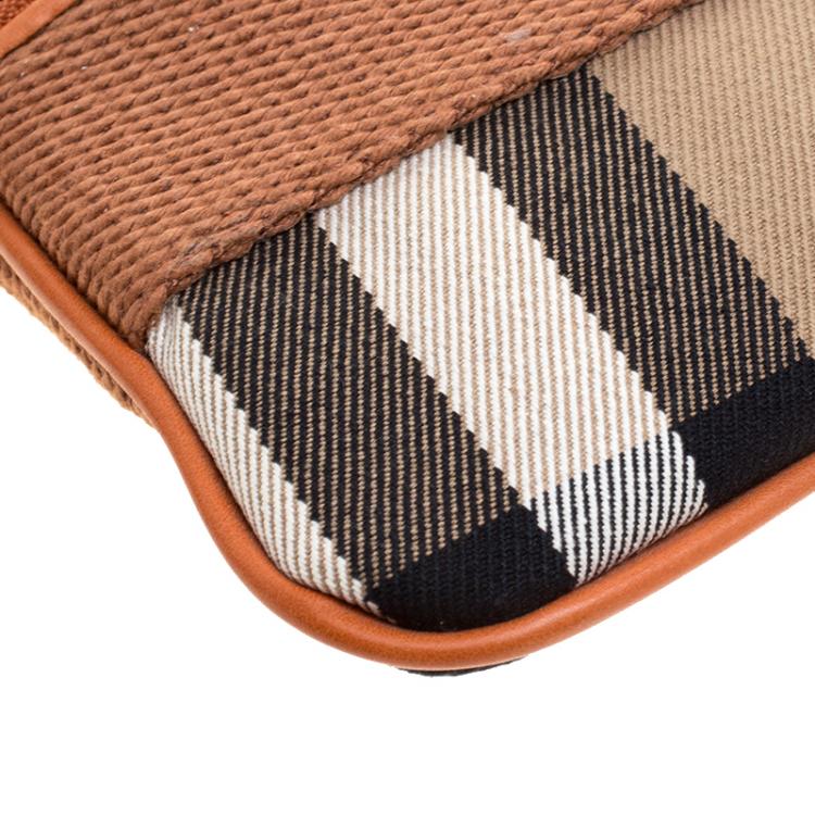 Pre Owned Burberry Beige/Orange House Check Canvas Wristlet Clutch