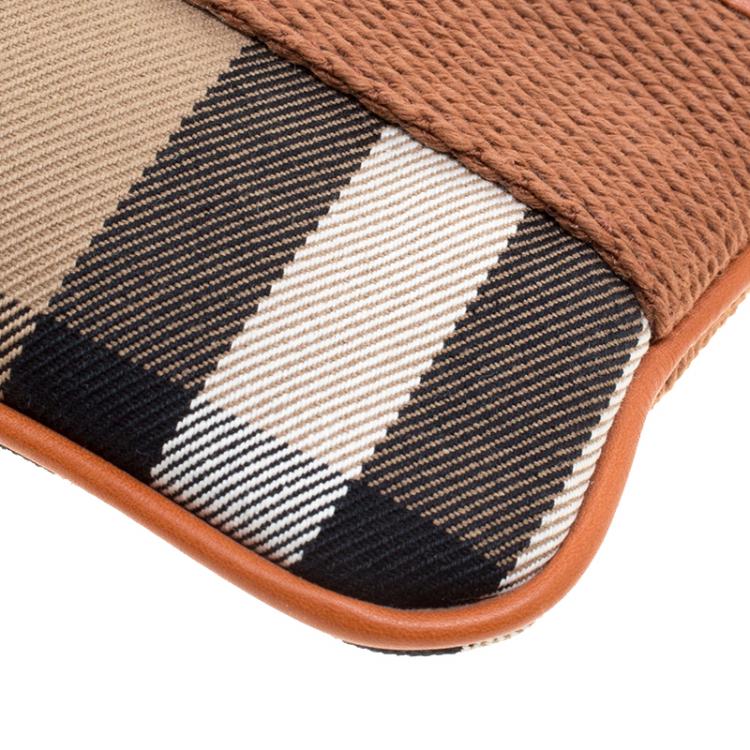 Pre Owned Burberry Beige/Orange House Check Canvas Wristlet Clutch