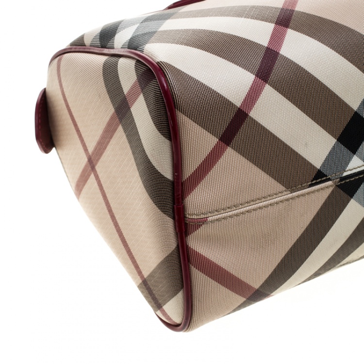 Pre Owned Burberry Beige/Raspberry Nova Check PVC and Patent Leather Chester Boston Bag