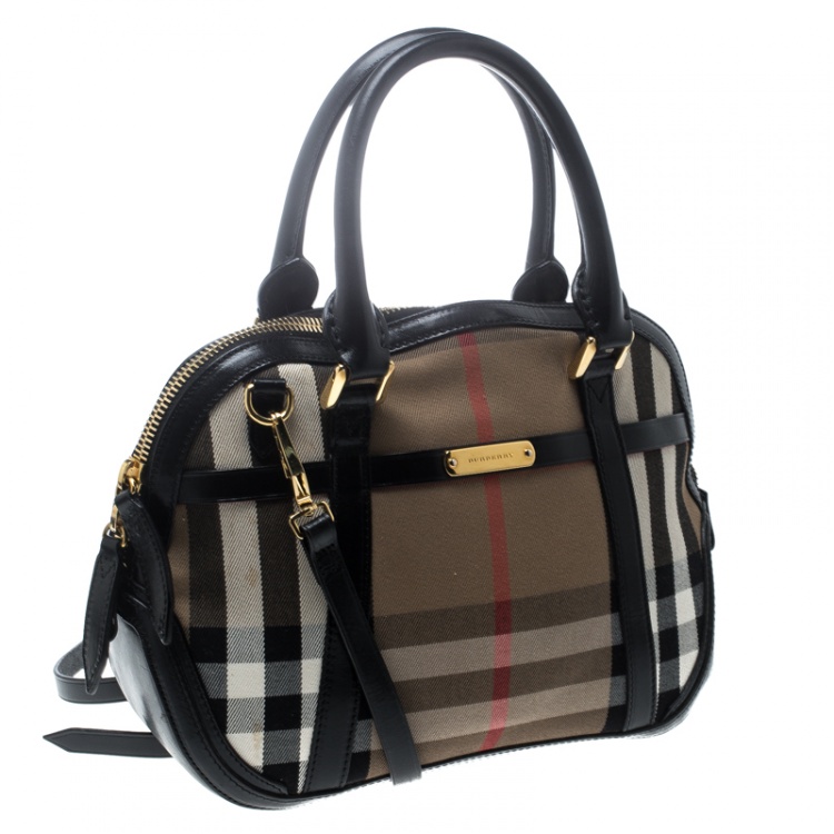 Pre Owned Burberry Black House Check Fabric and Leather Orchard Bowling Bag