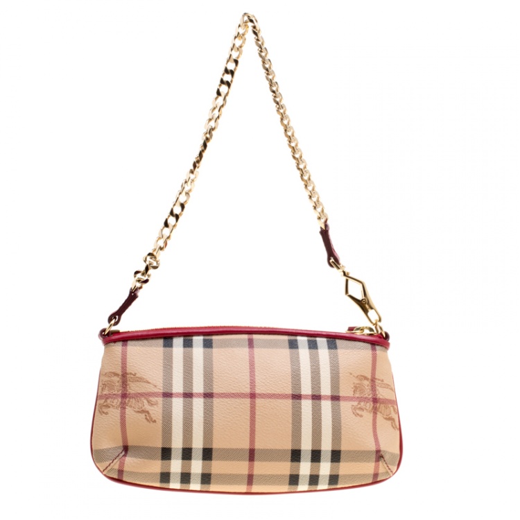 Pre Owned Burberry Red/Beige Haymarket Check Coated Canvas Clara Pochette