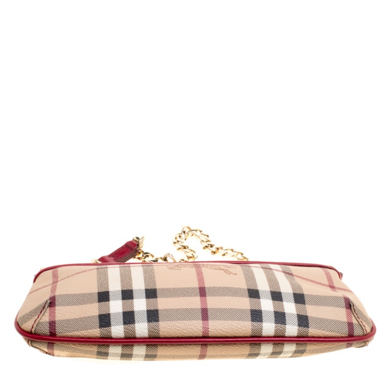 Pre Owned Burberry Red/Beige Haymarket Check Coated Canvas Clara Pochette