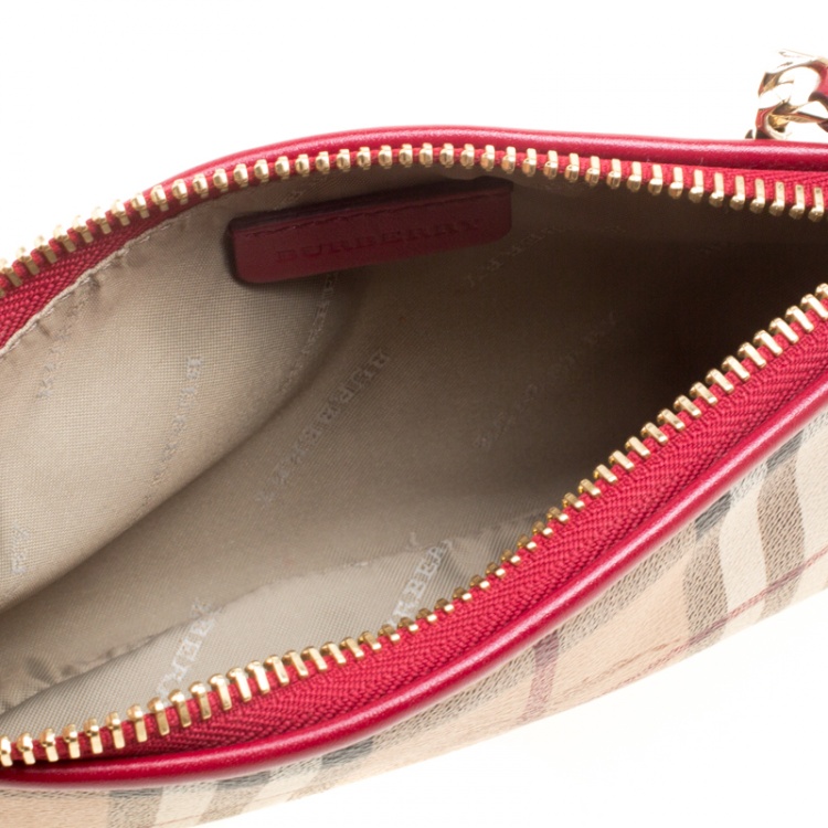 Pre Owned Burberry Red/Beige Haymarket Check Coated Canvas Clara Pochette