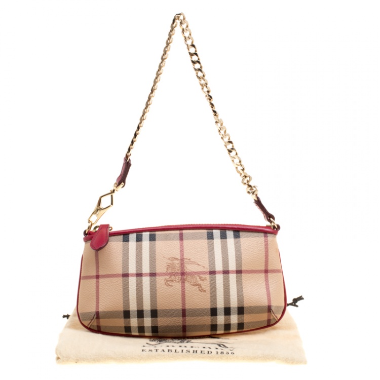 Pre Owned Burberry Red/Beige Haymarket Check Coated Canvas Clara Pochette