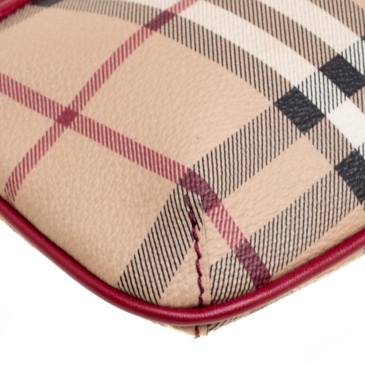 Pre Owned Burberry Red/Beige Haymarket Check Coated Canvas Clara Pochette