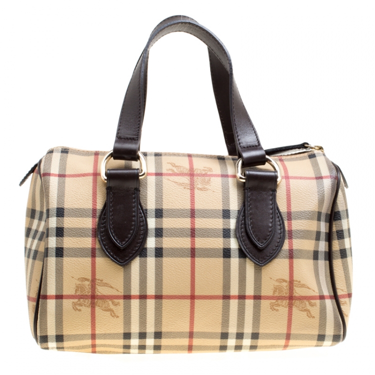 Pre Owned Burberry Beige Haymarket Check Coated Canvas Boston Bag