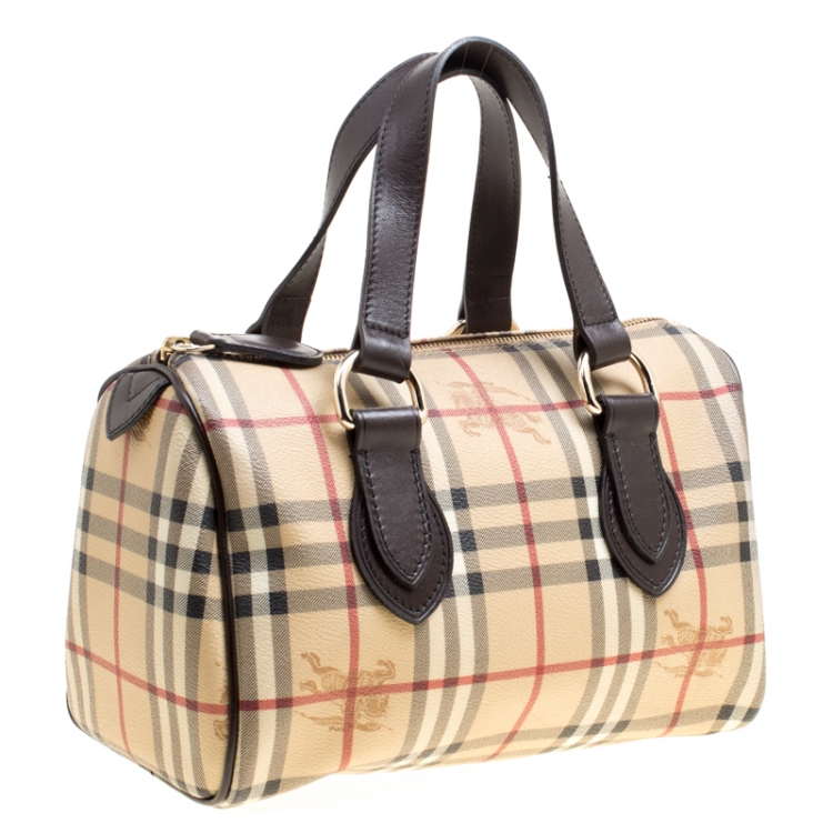 Pre Owned Burberry Beige Haymarket Check Coated Canvas Boston Bag