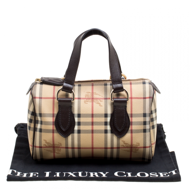 Pre Owned Burberry Beige Haymarket Check Coated Canvas Boston Bag