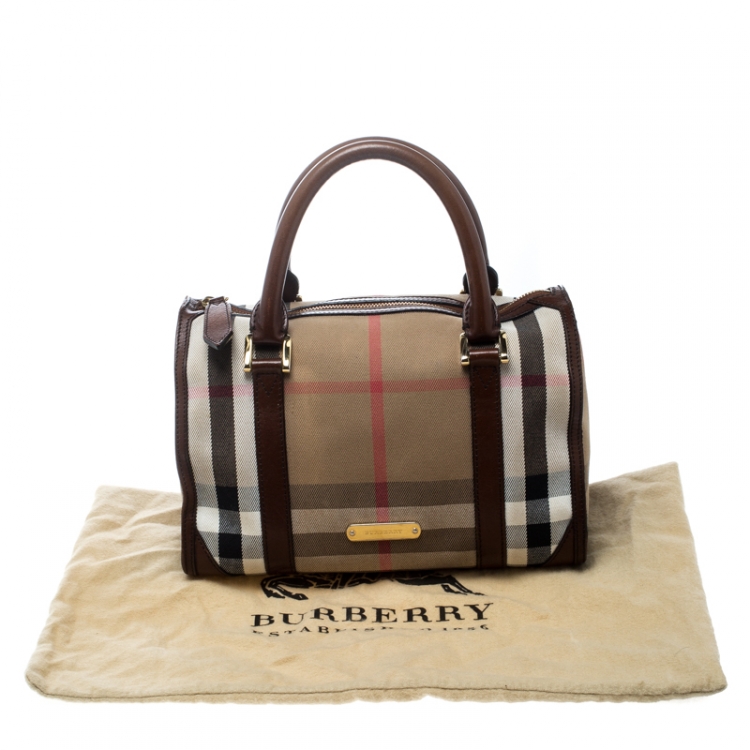 Pre Owned Burberry Beige/Brown House Check Canvas and Leather Boston Bag