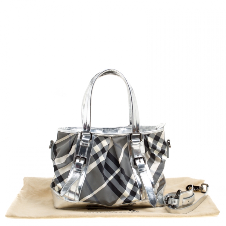 Pre Owned Burberry Silver Beat Check Nylon and Patent Leather Medium Lowry Top Handle Bag