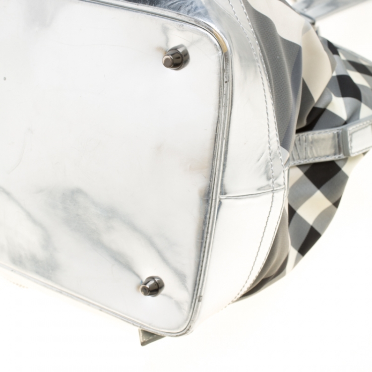 Pre Owned Burberry Silver Beat Check Nylon and Patent Leather Medium Lowry Top Handle Bag