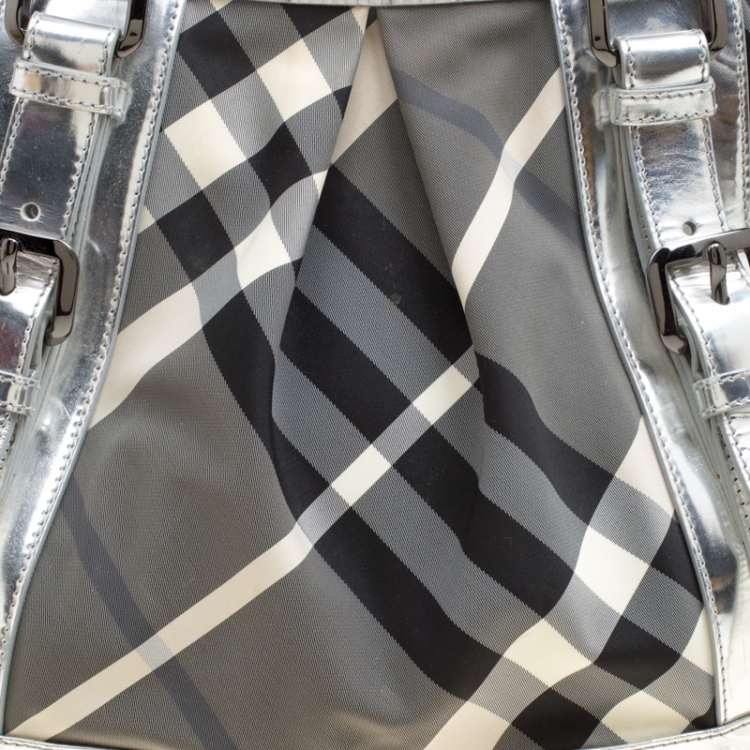Pre Owned Burberry Silver Beat Check Nylon and Patent Leather Medium Lowry Top Handle Bag