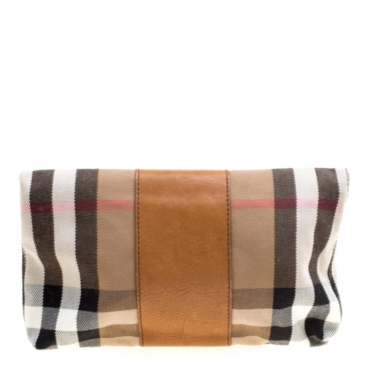 Pre Owned Burberry Brown House Check Fabric and Leather Foldable Wristlet Clutch