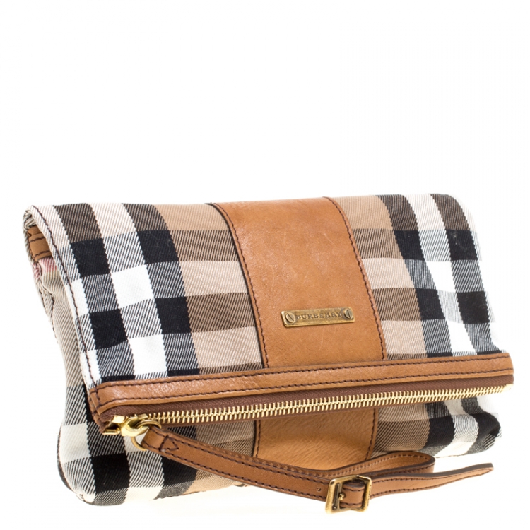Pre Owned Burberry Brown House Check Fabric and Leather Foldable Wristlet Clutch