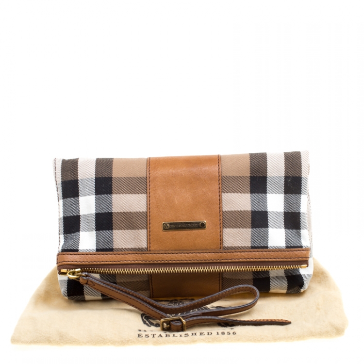Pre Owned Burberry Brown House Check Fabric and Leather Foldable Wristlet Clutch