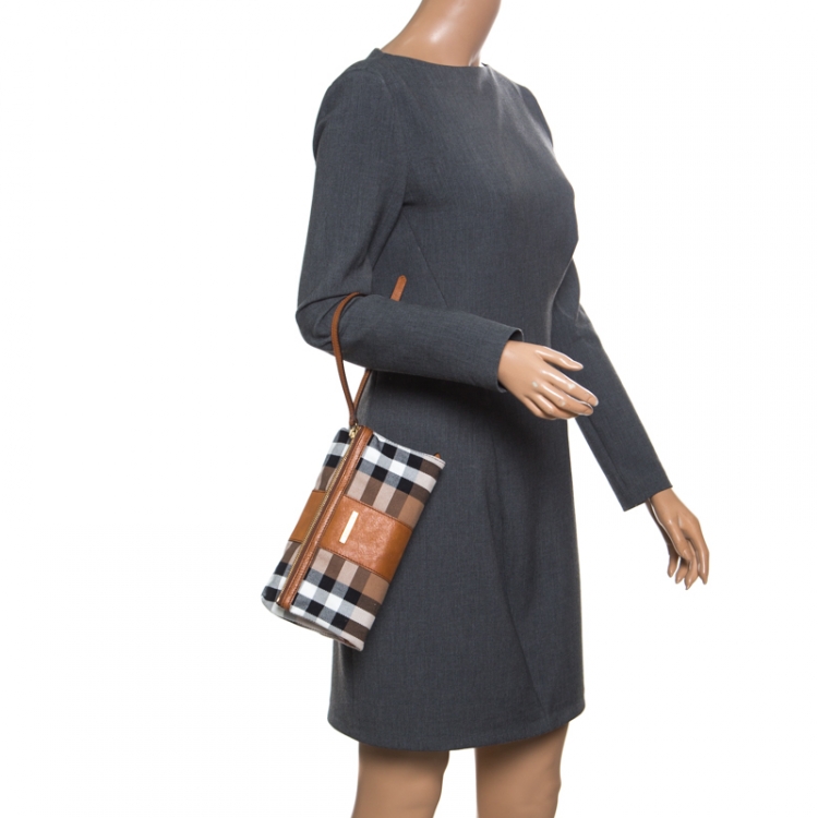Pre Owned Burberry Brown House Check Fabric and Leather Foldable Wristlet Clutch