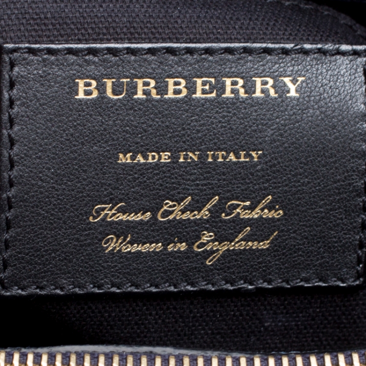 Pre Owned Burberry Navy Blue Leather and House Check Canvas Medium Banner Top Handle Bag