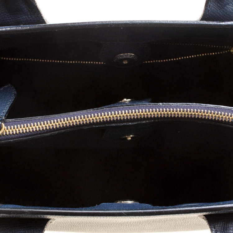 Pre Owned Burberry Navy Blue Leather and House Check Canvas Medium Banner Top Handle Bag