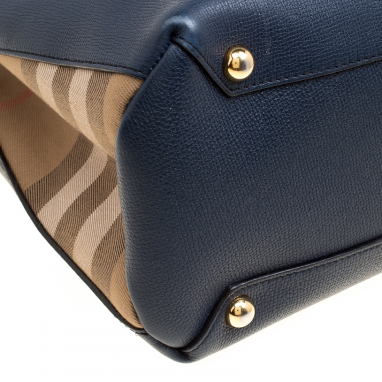 Pre Owned Burberry Navy Blue Leather and House Check Canvas Medium Banner Top Handle Bag