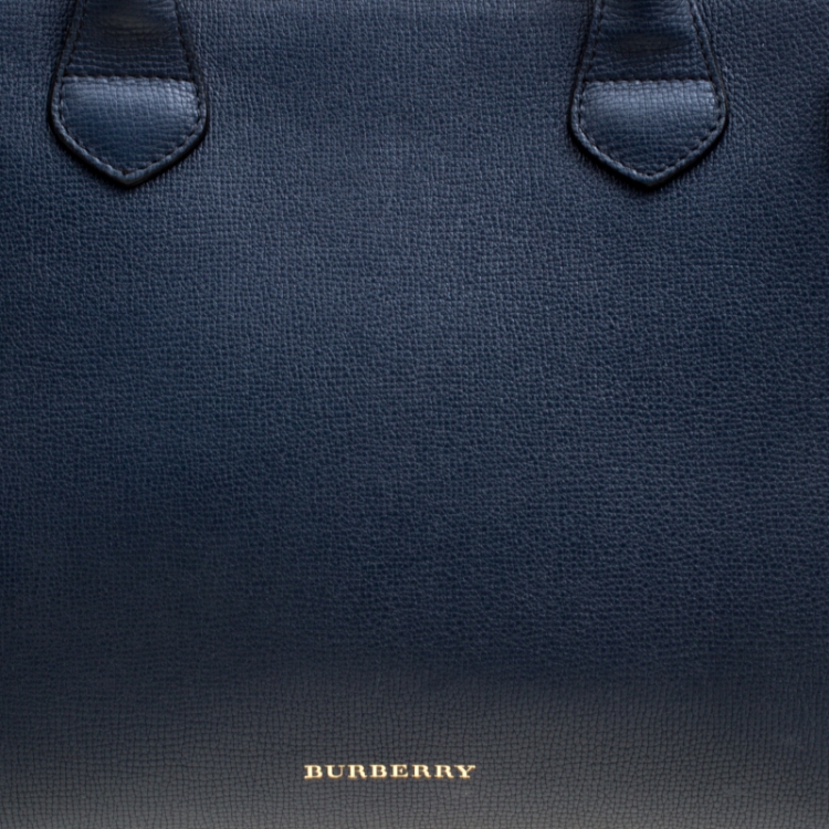 Pre Owned Burberry Navy Blue Leather and House Check Canvas Medium Banner Top Handle Bag