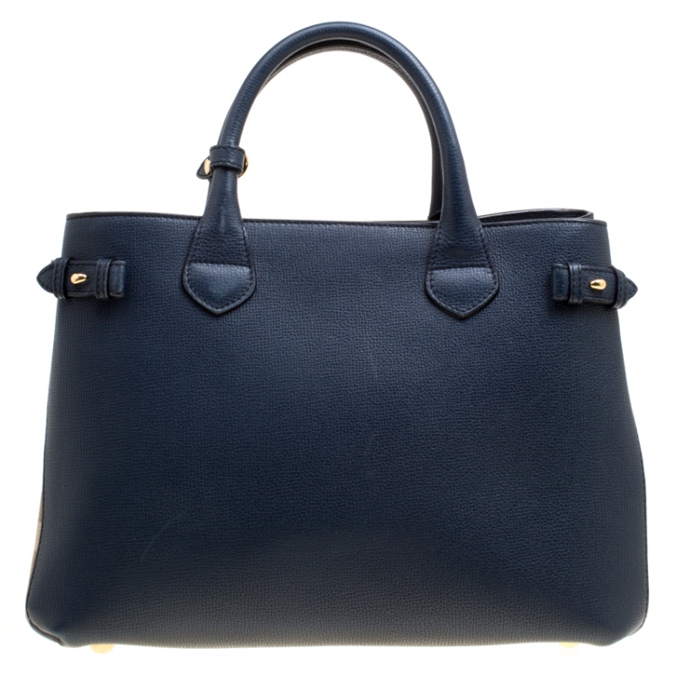 Pre Owned Burberry Navy Blue Leather and House Check Canvas Medium Banner Top Handle Bag