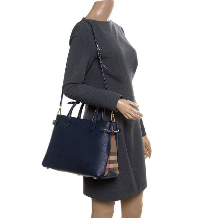 Burberry Navy Blue Leather and House Check Canvas Medium Banner Top Handle Bag  Burberry | TLC