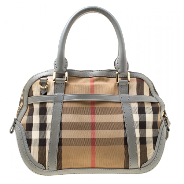 Pre Owned Burberry Grey House Check Fabric and Leather Orchard Bowler Bag